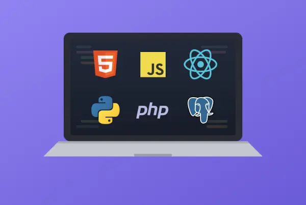 Laptop displaying six web development technology logos