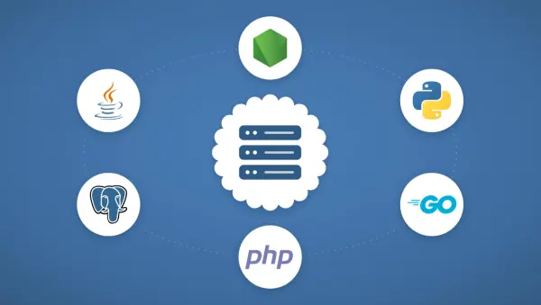 Server icon circled by Node.js, Python, Go, PHP, PostgreSQL, and Java logos
